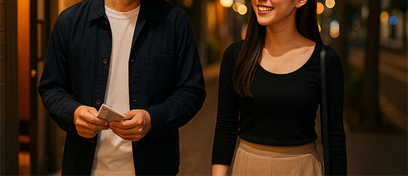 可愛いガールズバー店員を店外に誘う男性